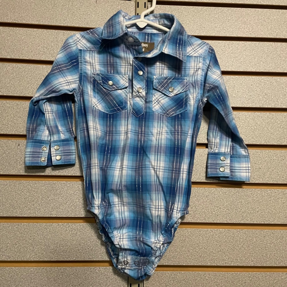 Cowboy Legend Blue Plaid Long Sleeve Snap Front Bodysuit Shirt Infant 18‎ M